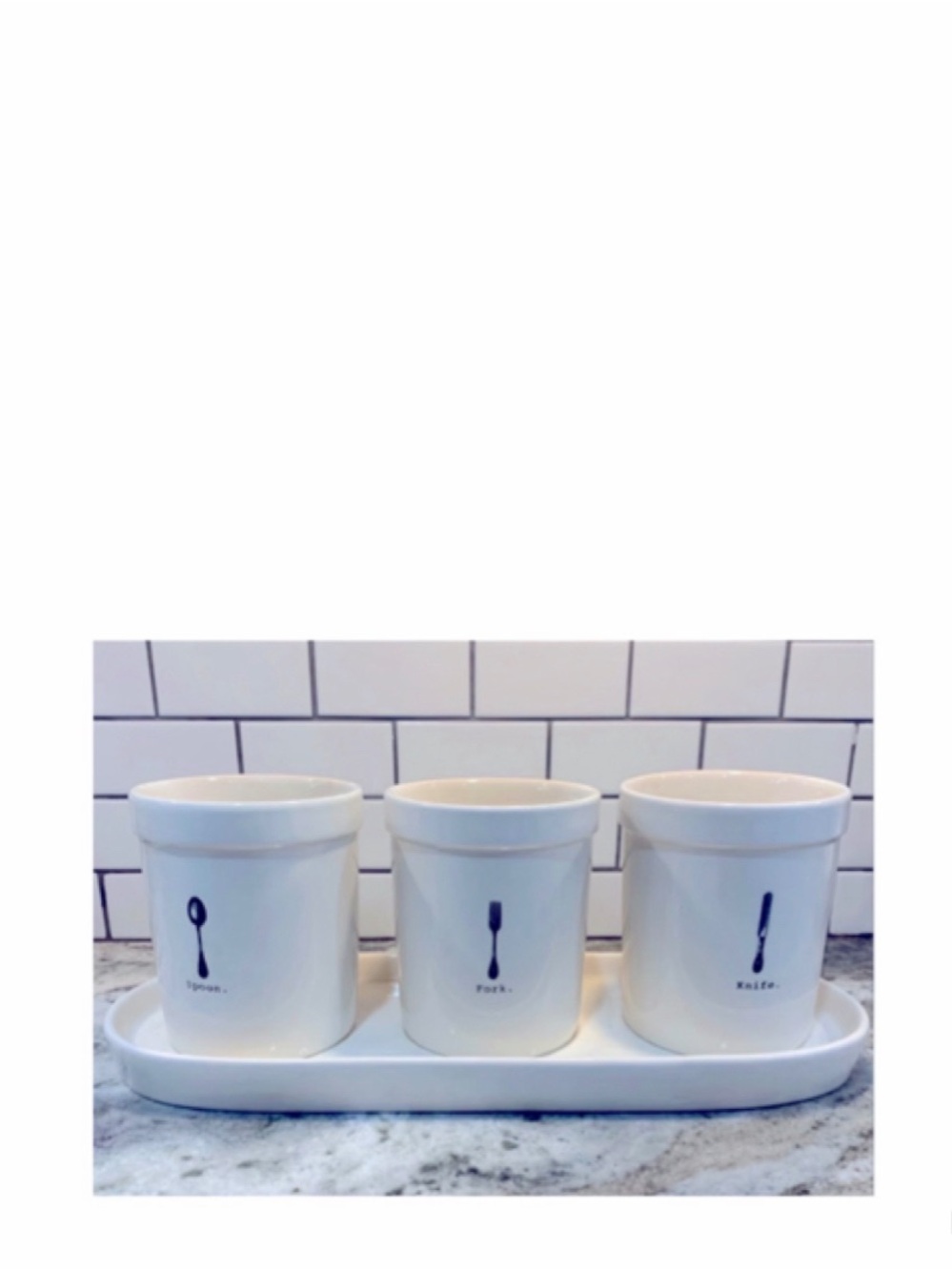 NEW Rae Dunn Icon Collection Spoon Fork Knife Utensil Holder Silverware Cup Jar
